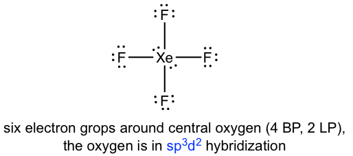 six electron groups around central oxygen (4 BP, 2 LP), the oxygen is in sp3d2 hybridization