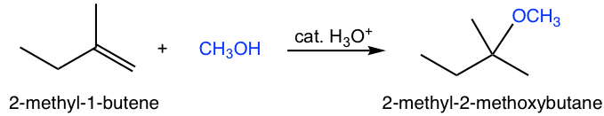 2-methyl-1-butene plus CH3OH with an acidic catalyst (H30+) produces 2-methyl-2-methoxybutane