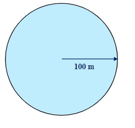 In geometry, what is the area of a 100 m circle of radius