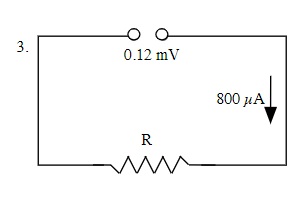Solve where the voltage source is 0.12 mV and the flow of electrical current is 800uA