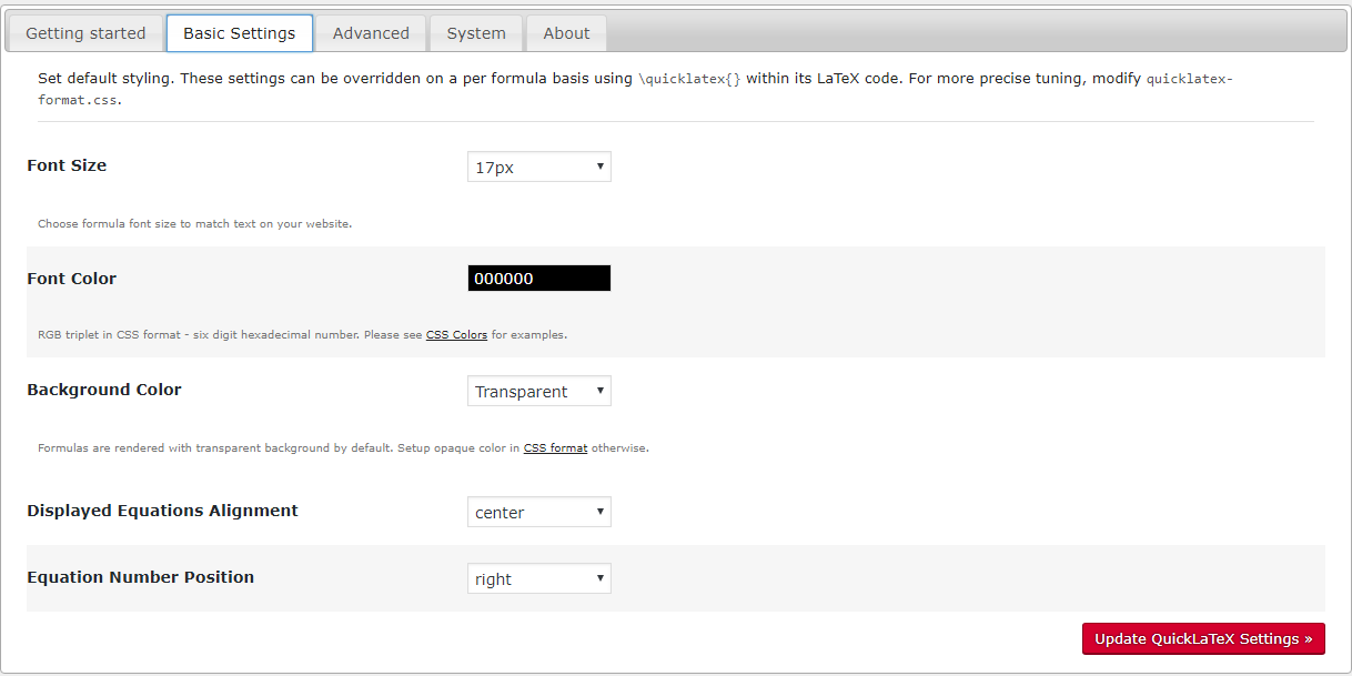 QuickLaTeX basic settings