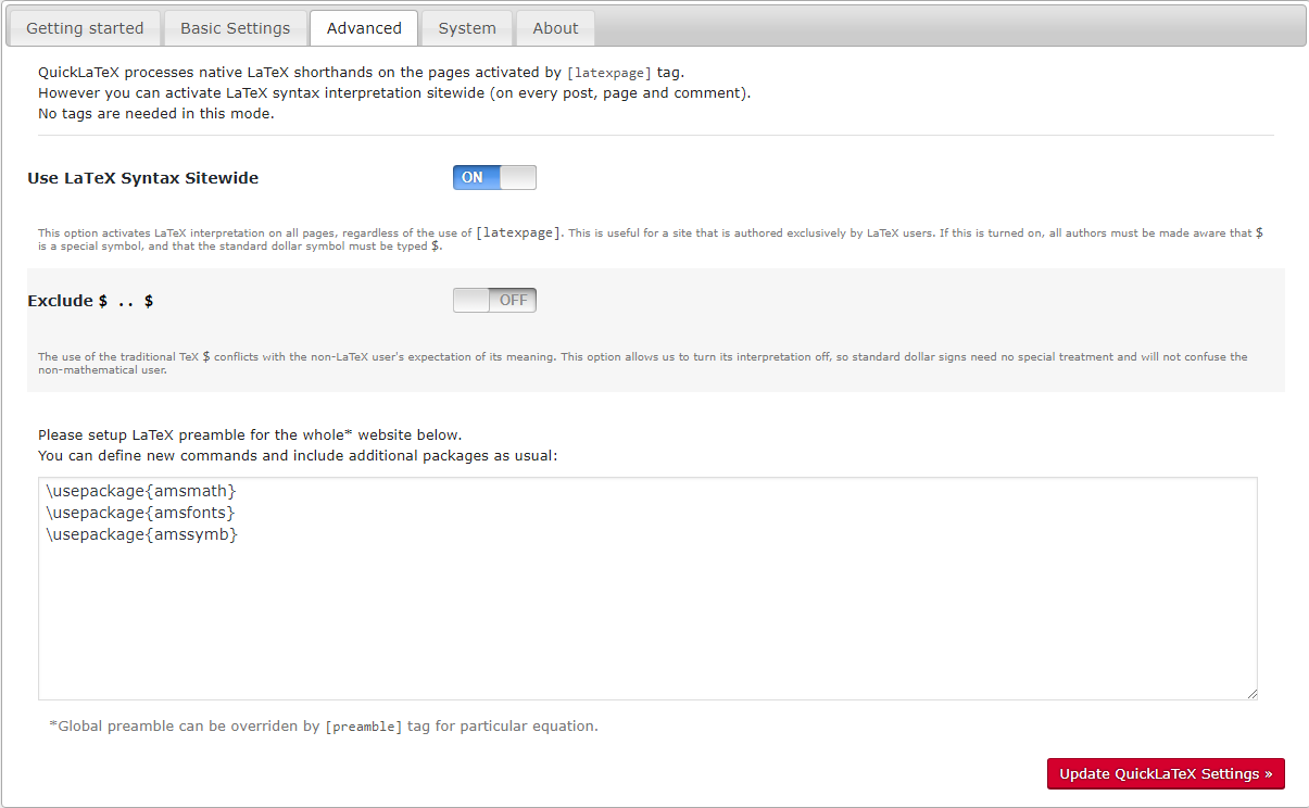 Advanced QuickLaTeX settings
