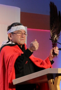 Image of KPU's Elder in Residence Lekeyten in traditional regalia.