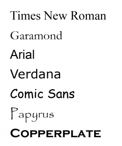 A list of font styles including: Arial, Garamond, Times New Roman, Verdana and Comic Sans