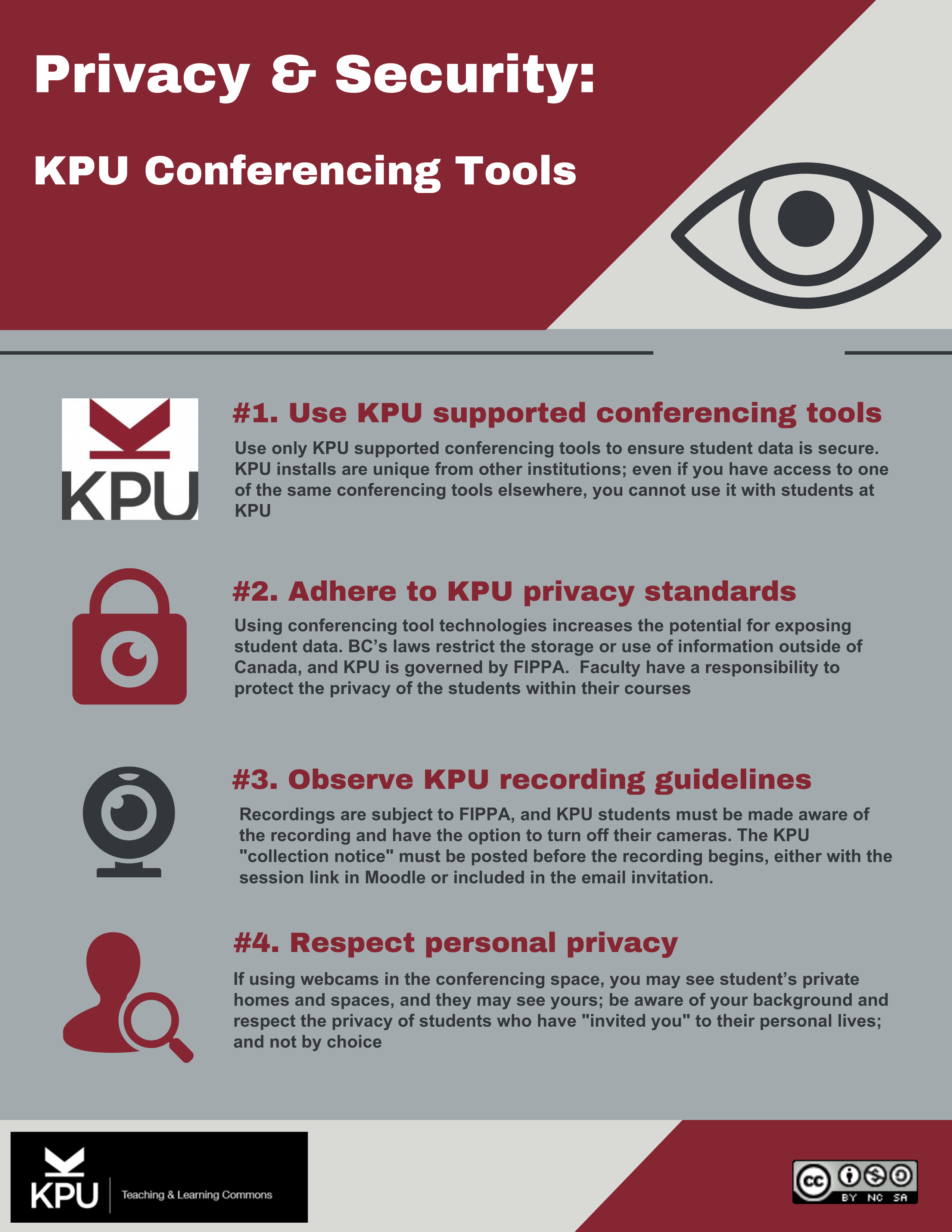 An infographic that describes 4 ways KPU faculty and staff can support privacy and security