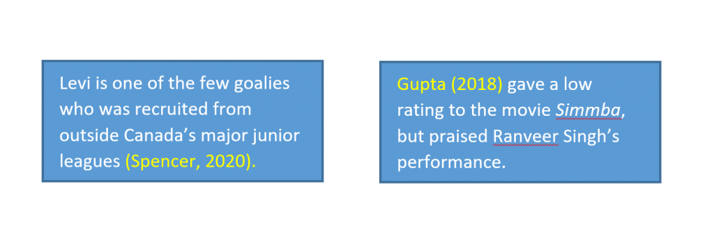Formal referencing example 1: Levi is one of the few goalies who was recruited from outside Canada's major junior leages (Spencer, 2020). Example 2: Gupta (2018) gave a low rating to the movie Simmba, but praised Ranveer Singh's performance.