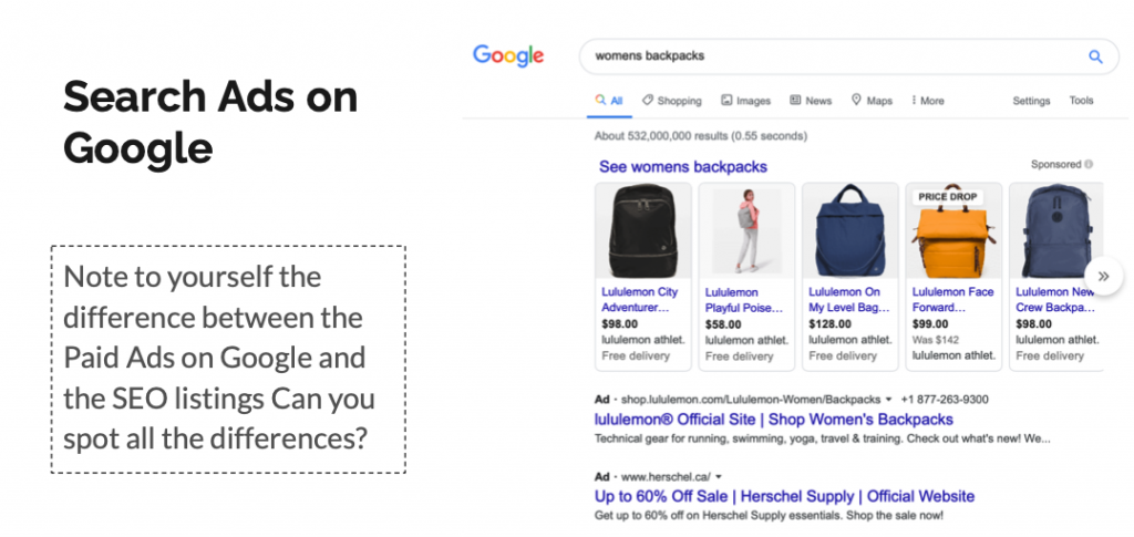 Screenshot of paid ads on Google for Herschel backpacks