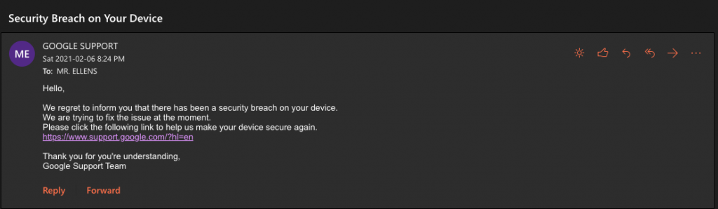 A fake email with a security breach