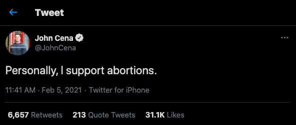 A fake tweet that says 'personally I support abortions'