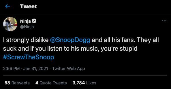 A fake tweet that says that someone doesn't like SNoop Dog fans