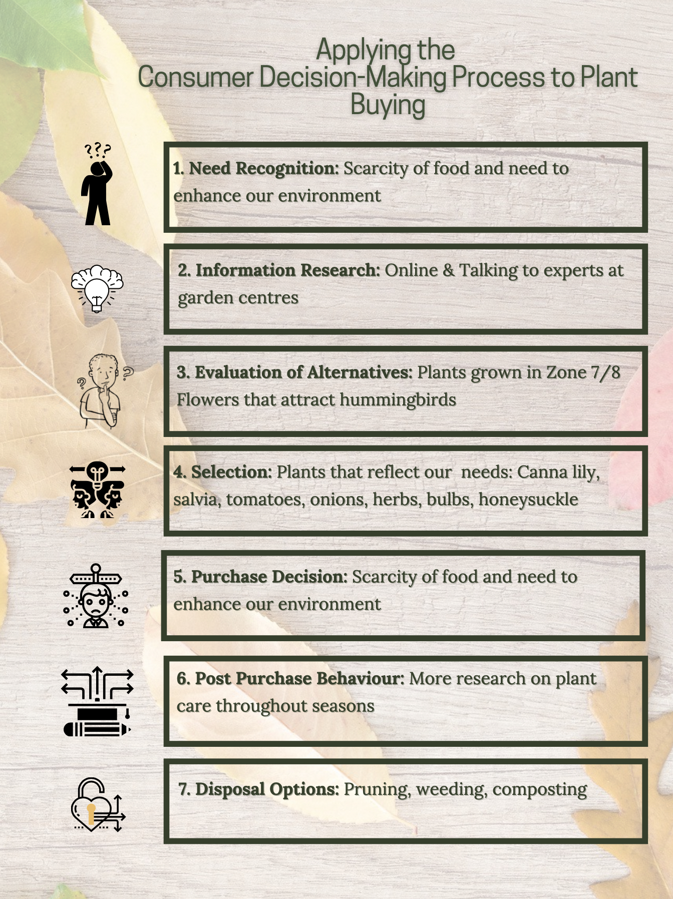 Infograph depicting how the consumer decision making process can be applied to the act of purchasing plants for a new garden.