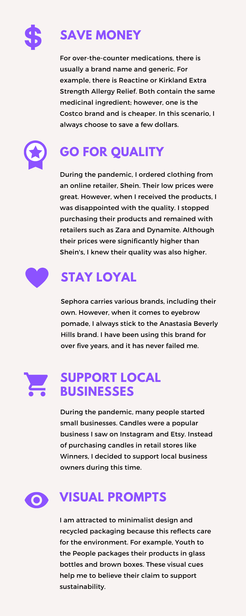 Infogrpahic depicting the variables that influence shoppers such as saving money; getting quality puchases; staying loyal to certain brands; and supporting local businesses.