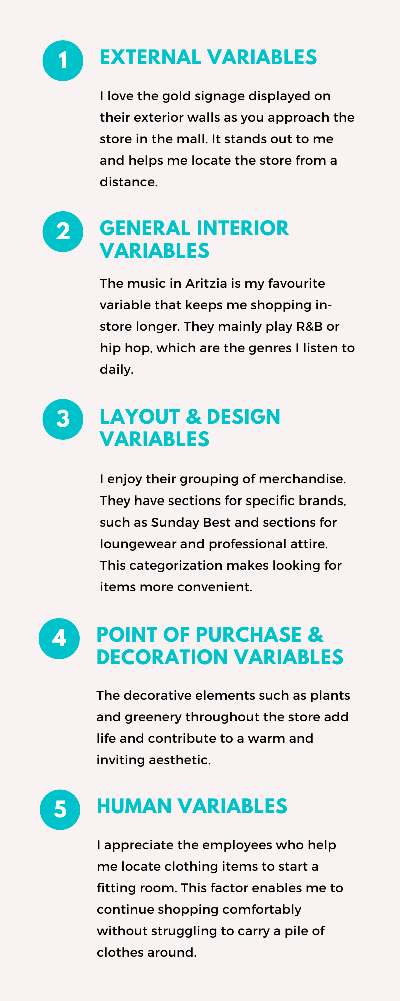 Infographic depicting the key variables that influence retail shopping experiences such as the external variables, the internal variables, the layout, design, and point of purchase decoration.