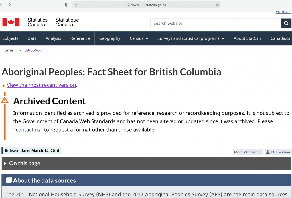 Screenshot of a website. URL is www150.statcan.gc.ca. Left top is the Canadian Flag and Statistics Canada. Heading on page says "Aboriginal Peoples: Fact Sheet for British Columbia", underneath "Archived Content", "Release date: March 14, 2016, and a button to a PDF version of the content.