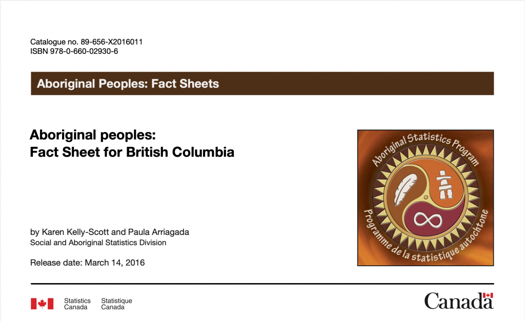 Screenshot of the first page of the PDF version of the document on the Statistics Canada website. On top left it reads: Catalogue no. 89-656-X2016011, ISBN 978-0-860-02930-6. Underneath it reads "Aboriginal Peoples: Fact Sheets" and then "Aboriginal peoples: Fact Sheet for British Columbia". Further down on the page it says: Karen Kelly-Scott and Paula Arriagada, Social and Aboriginal Statistics Division, Release date: March 14, 2016. At the bottom of the page is the Canadian Flag and the name Statistics Canada. In the middle of the page to the right is a picture depicting a circle with a sun divided into three raindrop shapes, depicting a feather, an infinity symbol, and an inukshuck respectively. The border of the circle reads "Aboriginal Statistics Program ... Programme de la statistique autochtone"