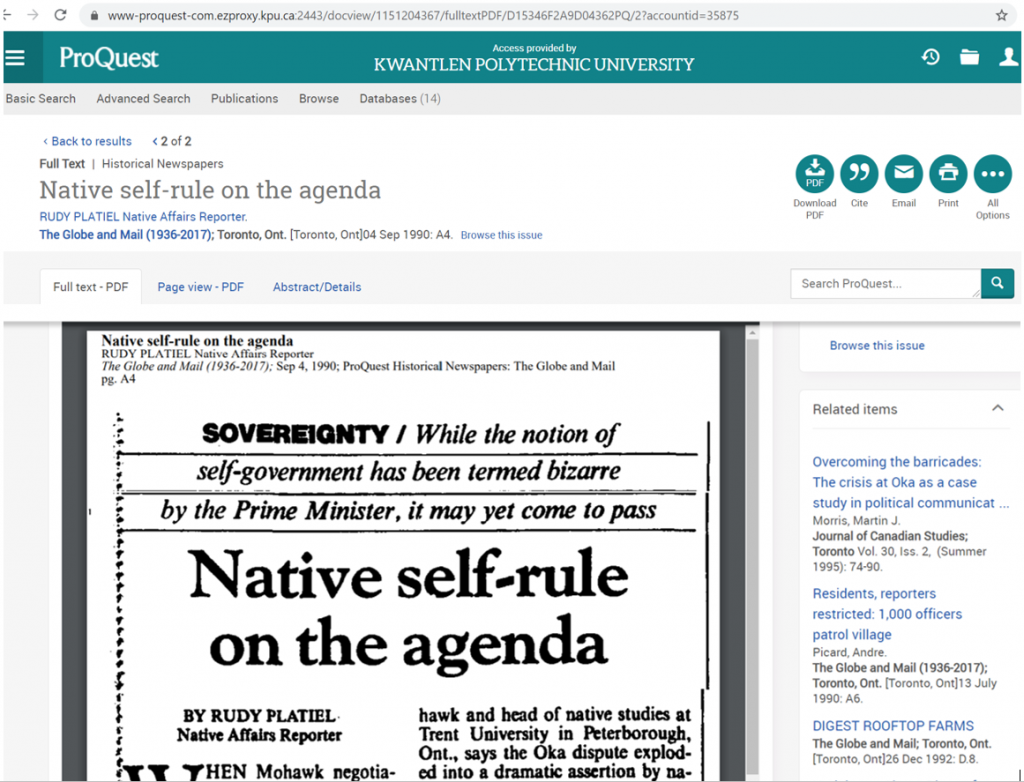 Screenshot of newspaper article. Top left reads" Native self-rule on the agenda Rudy Platiel, Native Affairs Reporter, The Globe and Mail (1936-2017), Sep. 4, 1990, ProQuest Historical Newspapers: The Globe and Mail, pg. A4.