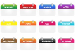 12-calendar month images with coloured band and white space for dates organized in a 4 months by 3 months rectangle.