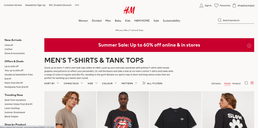 A screenshot of the H&M website, looking for shirts