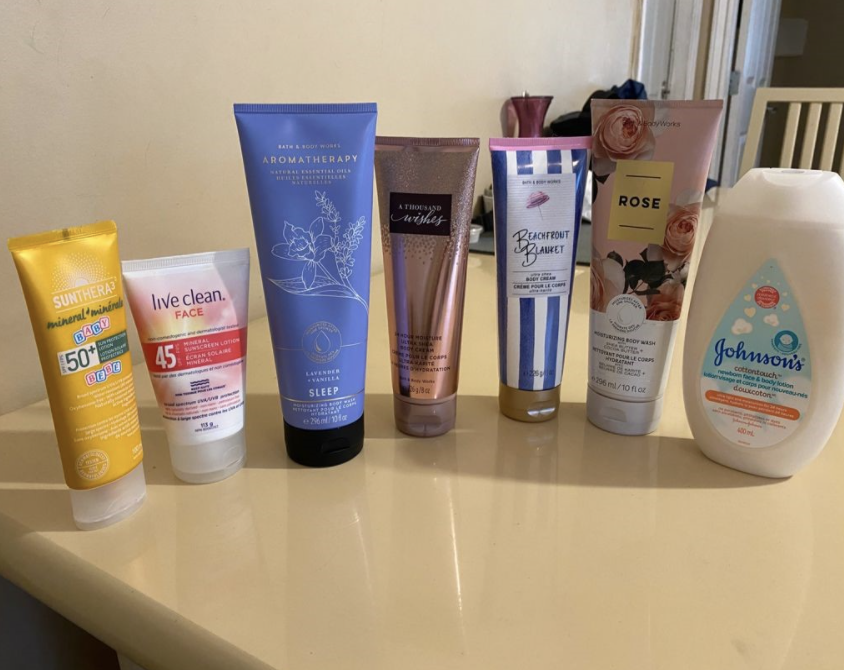 Bottles of lotions and sunscreen