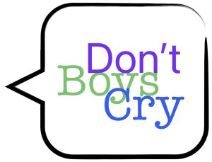 "A dialogue box with three overlapping words: 'don't,' 'boys,' and 'cry.'"