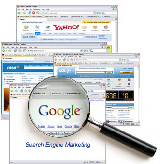 MSN, Yahoo!, AOL, and Google websites with a magnifier glass in front of the screenshots.