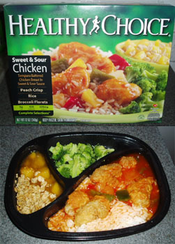 Health Choice's Sweet & Sour plate, with rice, chicken, and broccoli.