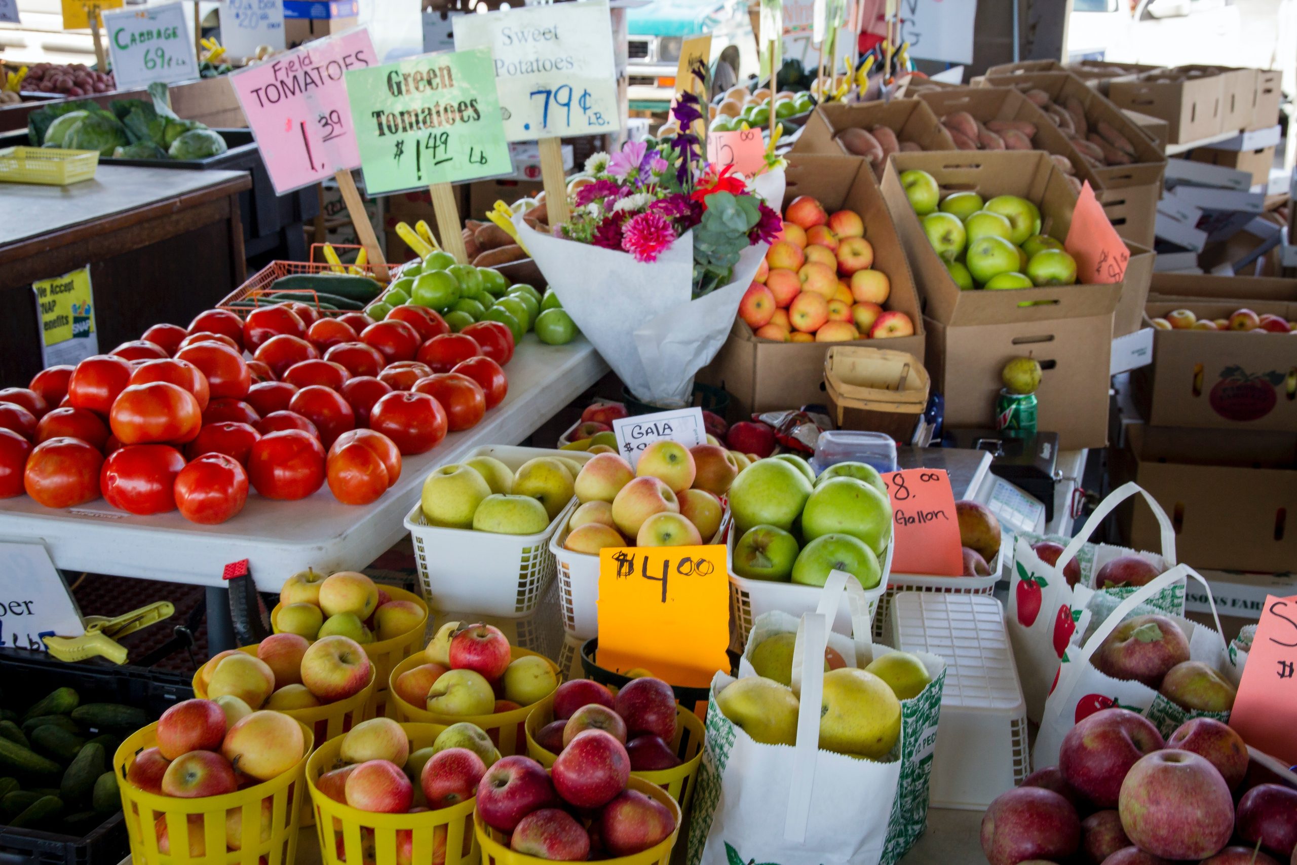 Assorted variety of fruits on a market: field tomatoes at $1.39, green tomatoes at $1.49, sweetnpotatoes at $0.79.