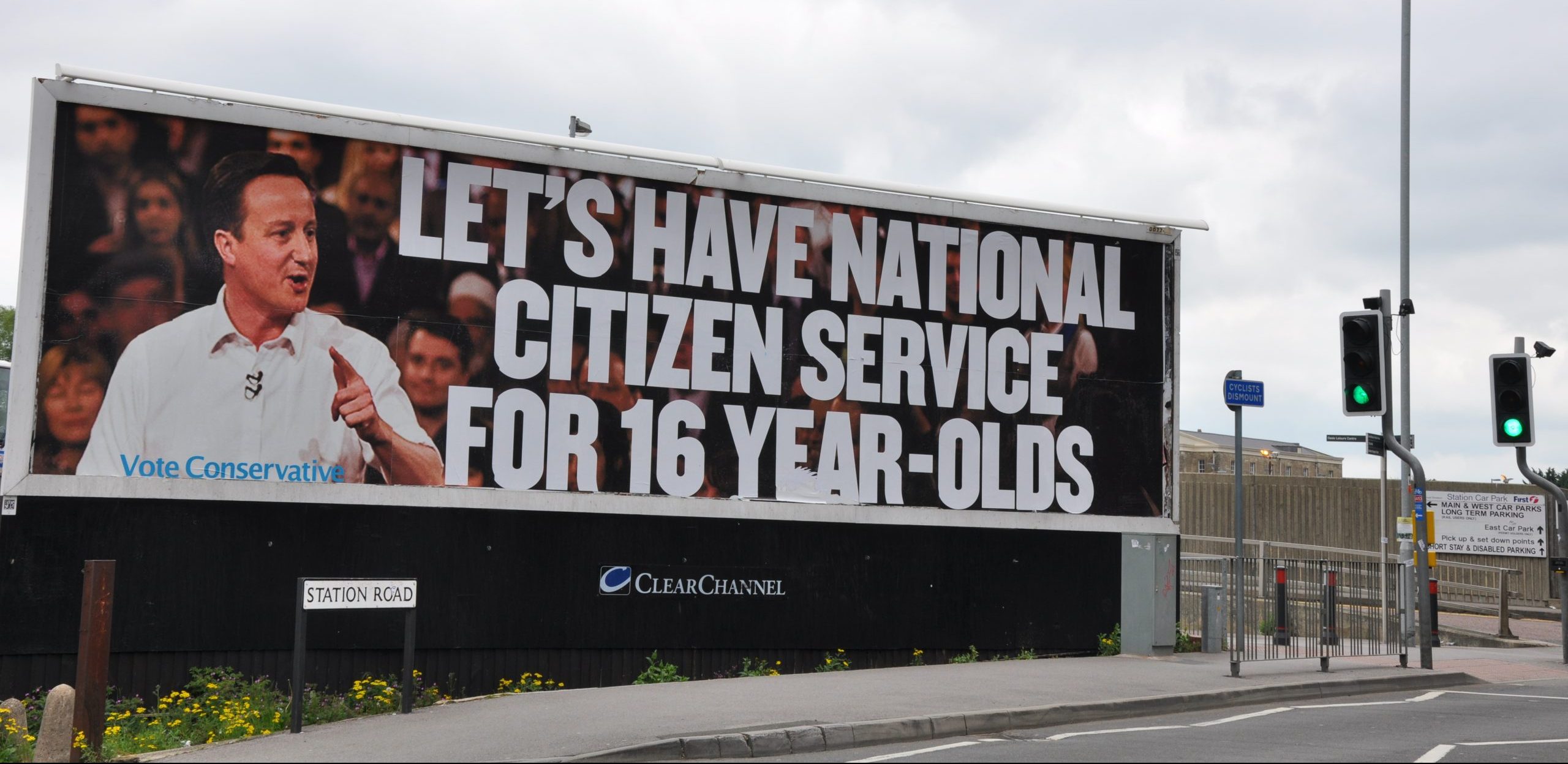 David Cameron with the text 'Let's have national citizen service for 16 year-olds.'