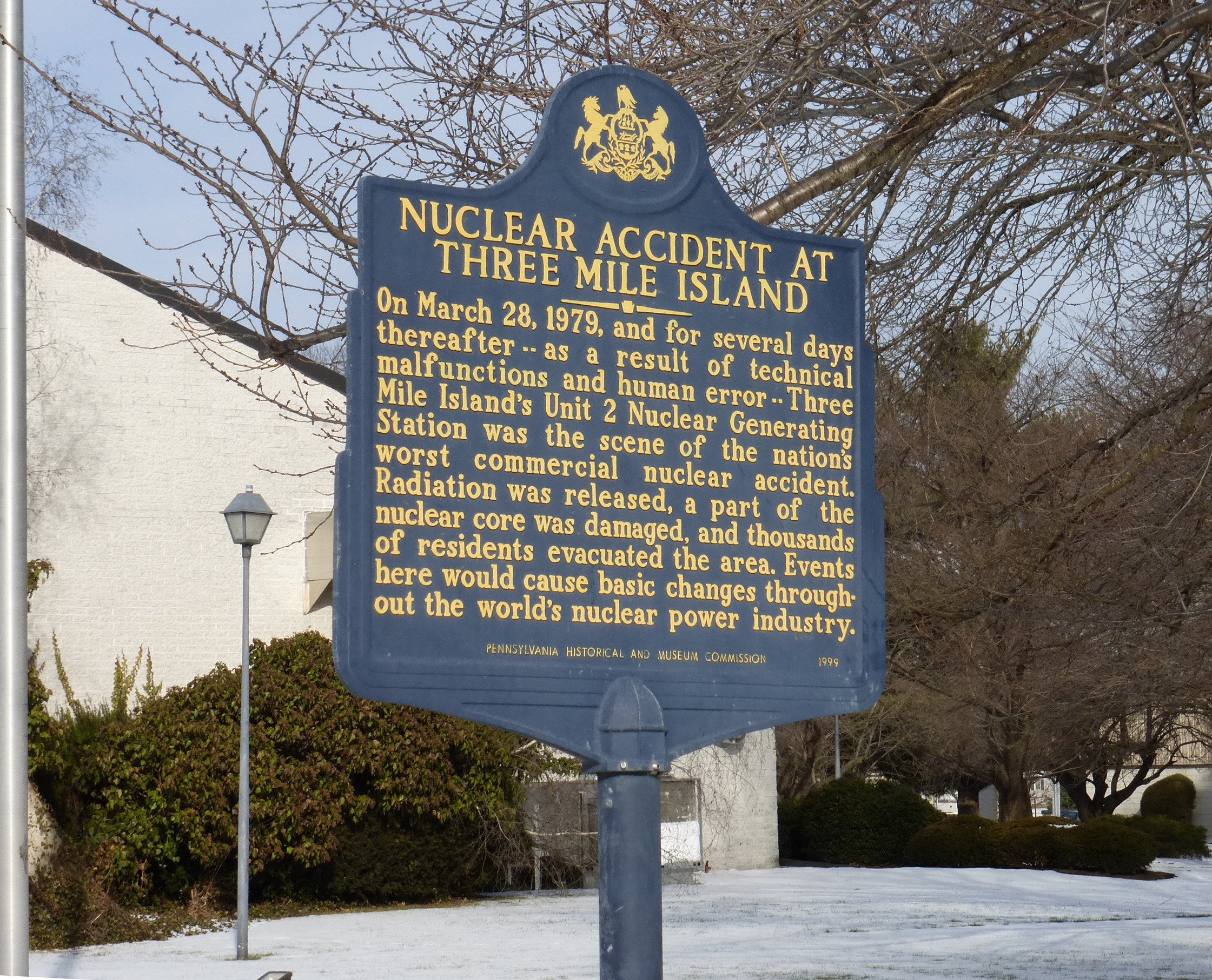 Sign about the nuclear accident at Three Mile Island.