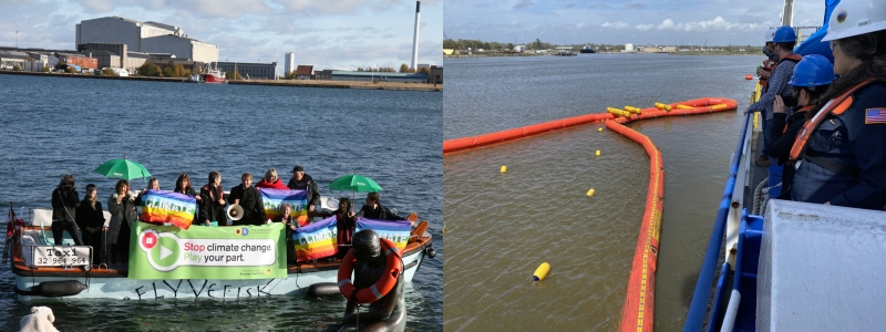 Left: people on boat with pride and