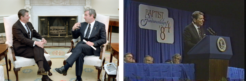 left image: two men in suits sitting in chairs speaking to eachother. Right image: man speaking at a podium with the sign Baptist