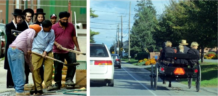 left image: on a city street three men wearing turbans shoveling cement are being watched by three men in black suits and long side burn curls under top hats. right image: cars driving down a suburban street, a wagon drawn by a horse is traveling down the side of the road carrying three blonde children