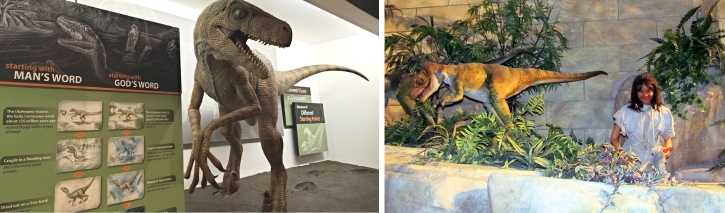 left image a large model dinosaur side a sign with two heading starting with man's word and starting with god's word. right image a smiling child mannequin kneels next to a small dinosaur