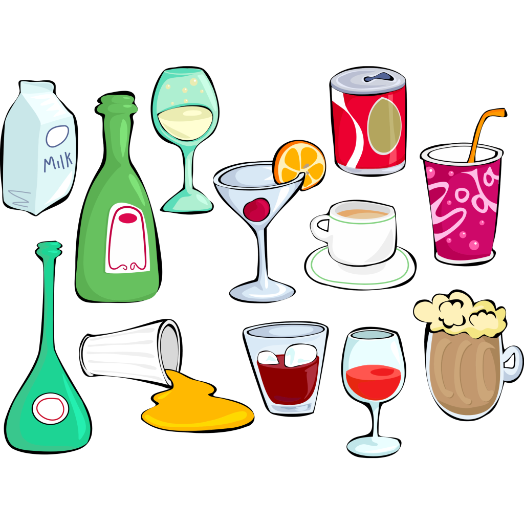 Different drawings of drinks like milk, soda beer, red wine, etc.