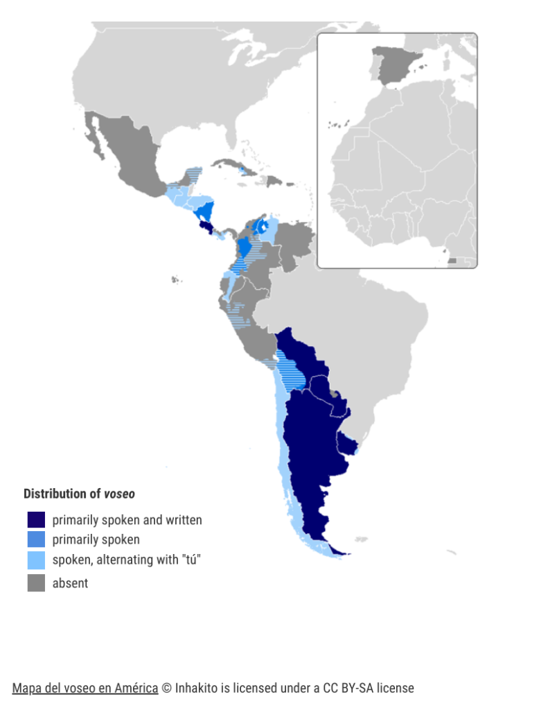 Map highlighting in blue the countries that use voseo