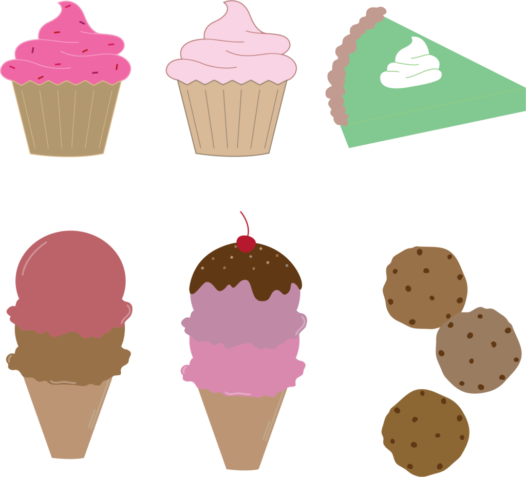 Drawings of desserts like: A cupcake, pie, ice-cream and cookies