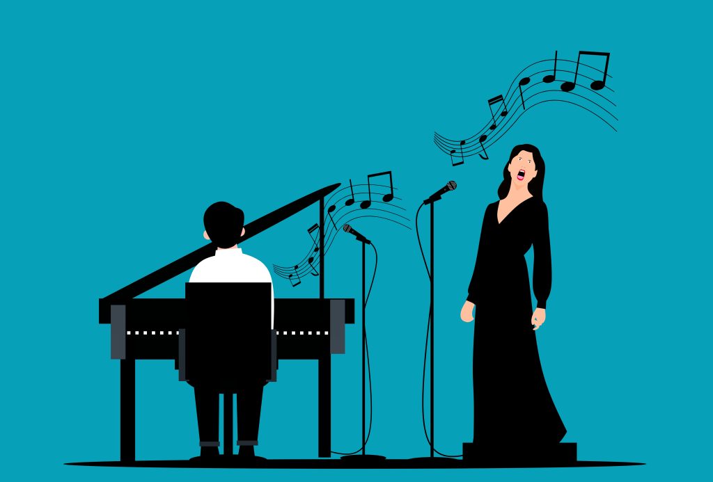 An cartoon image of a female singer and male pianist.