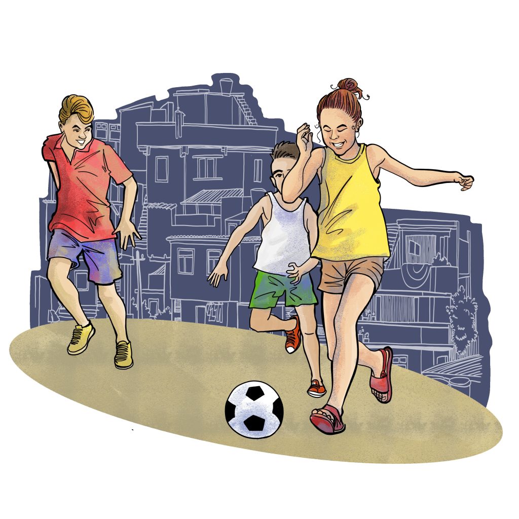 Three children playing soccer!