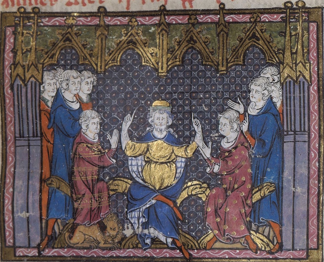 An image of Charles Martel dividing his kingdom between his sons Pepin and Carloman