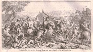 Illustration depicting a battle scene with horsemen yeilding spears attacking each other
