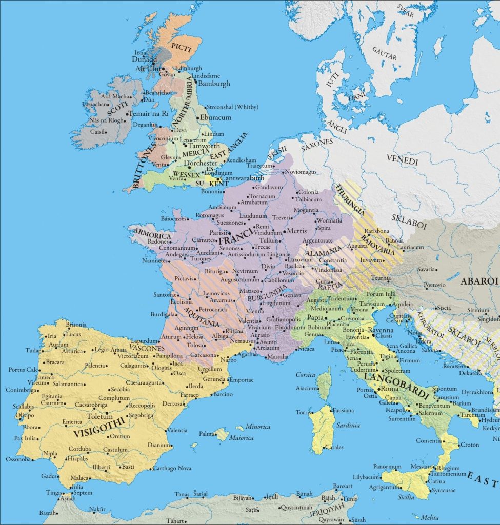 A map that shows the regional powers in Frankish Gaul around 711