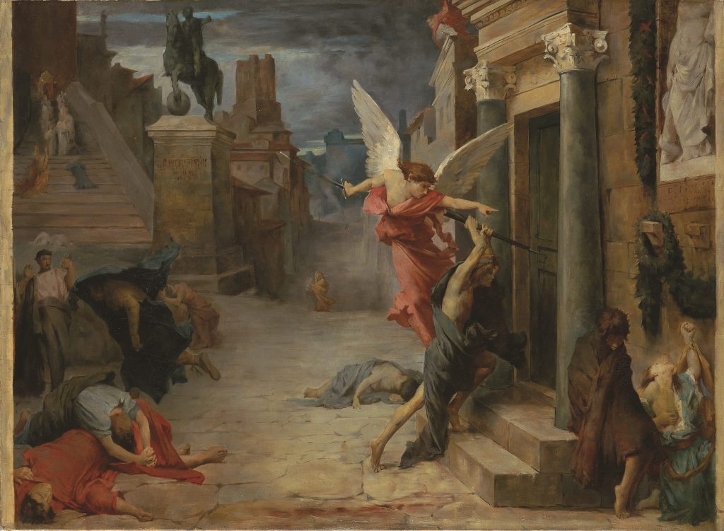 Depiction of the bodies of plague victims wwhile the angels watch in terror.