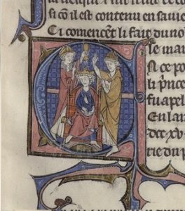 Illustration showing coronation of a man by two other men