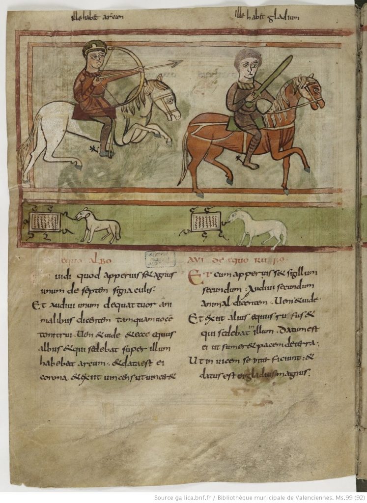 Two of the Four Horsemen of the Apocalypse from the Apocalypse of Valenciennes, c.800-25 (Valenciennes, Bibliothèque municipale, MS 99, folio 12v).