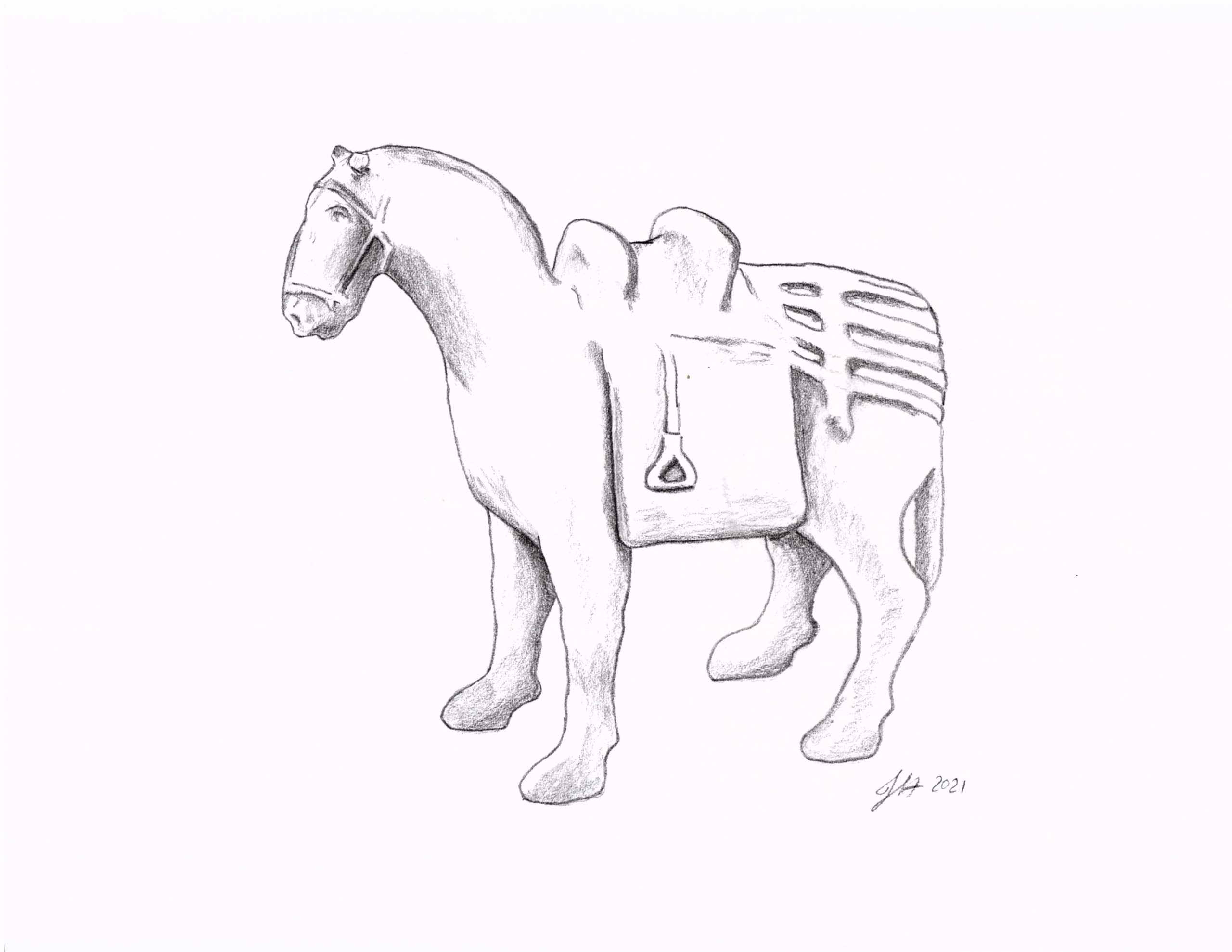 Drawing of a horse with a stirrup