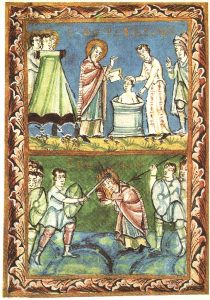Illustration of St. Boniface baptising a man and then getting killed by knights yeilding a spear and a sword