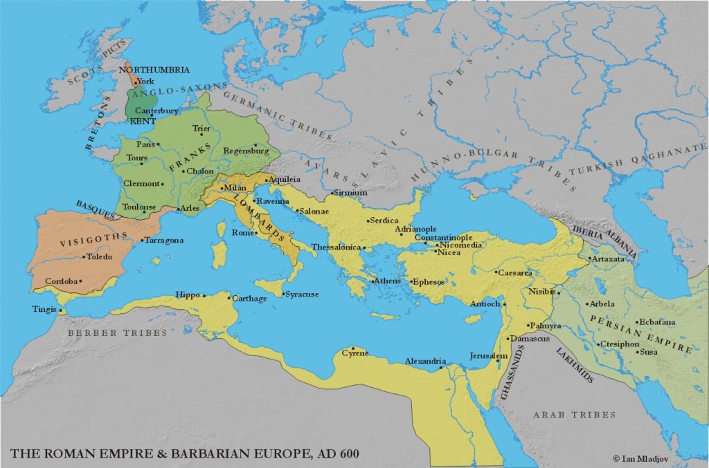 Map showing the Roman Empire and the Barbarian Europe, AD 600
