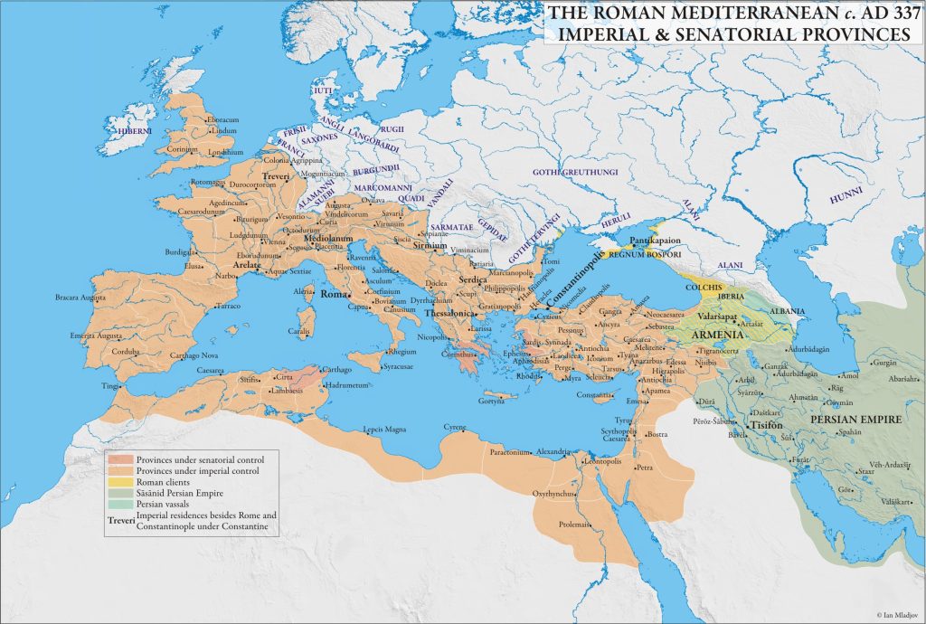 A map of the Roman Mediterranean showing the divisions of the Roman Empire around 337 CE