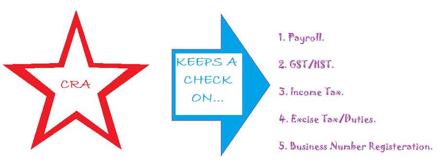 CRA keeps a check on; payroll, GST/HST, income tax, excise tax/duties and business number registration