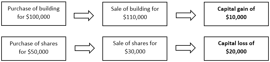 $110,000 - $100,000 = $10,000 capital gain. $30,000 - $50,000 = $20,000 capital loss